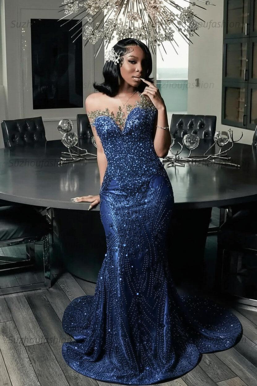 Green Mermaid Prom Dress Sleeveless Formal Evening Dress with Beadings and Rhinestones