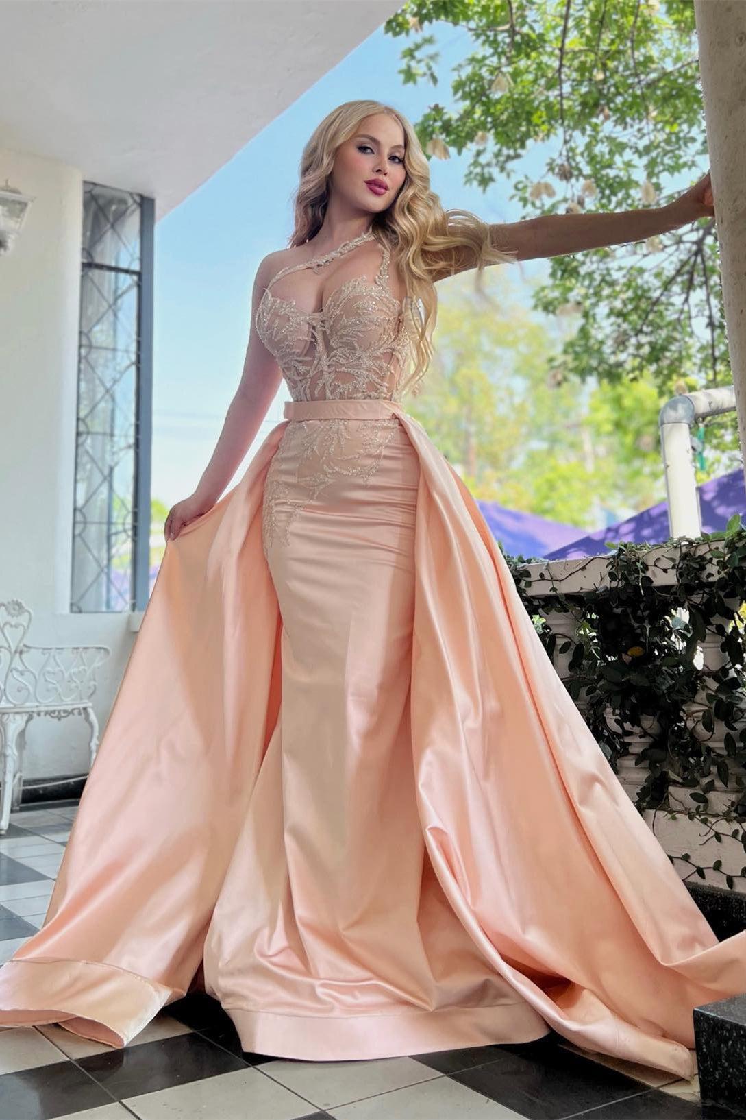 Popular One Shoulder Mermaid Prom Dress Overskirt Long With Lace Beads