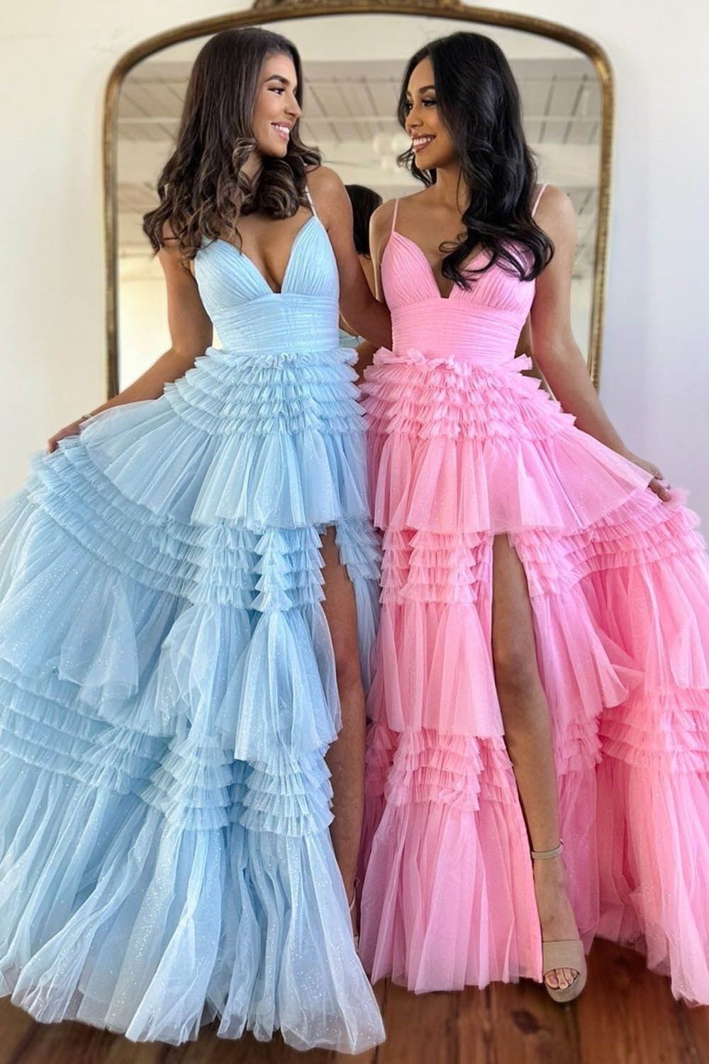A-Line Spaghetti Straps Long Tiered Tulle Prom Dress With Split - VelvetHem