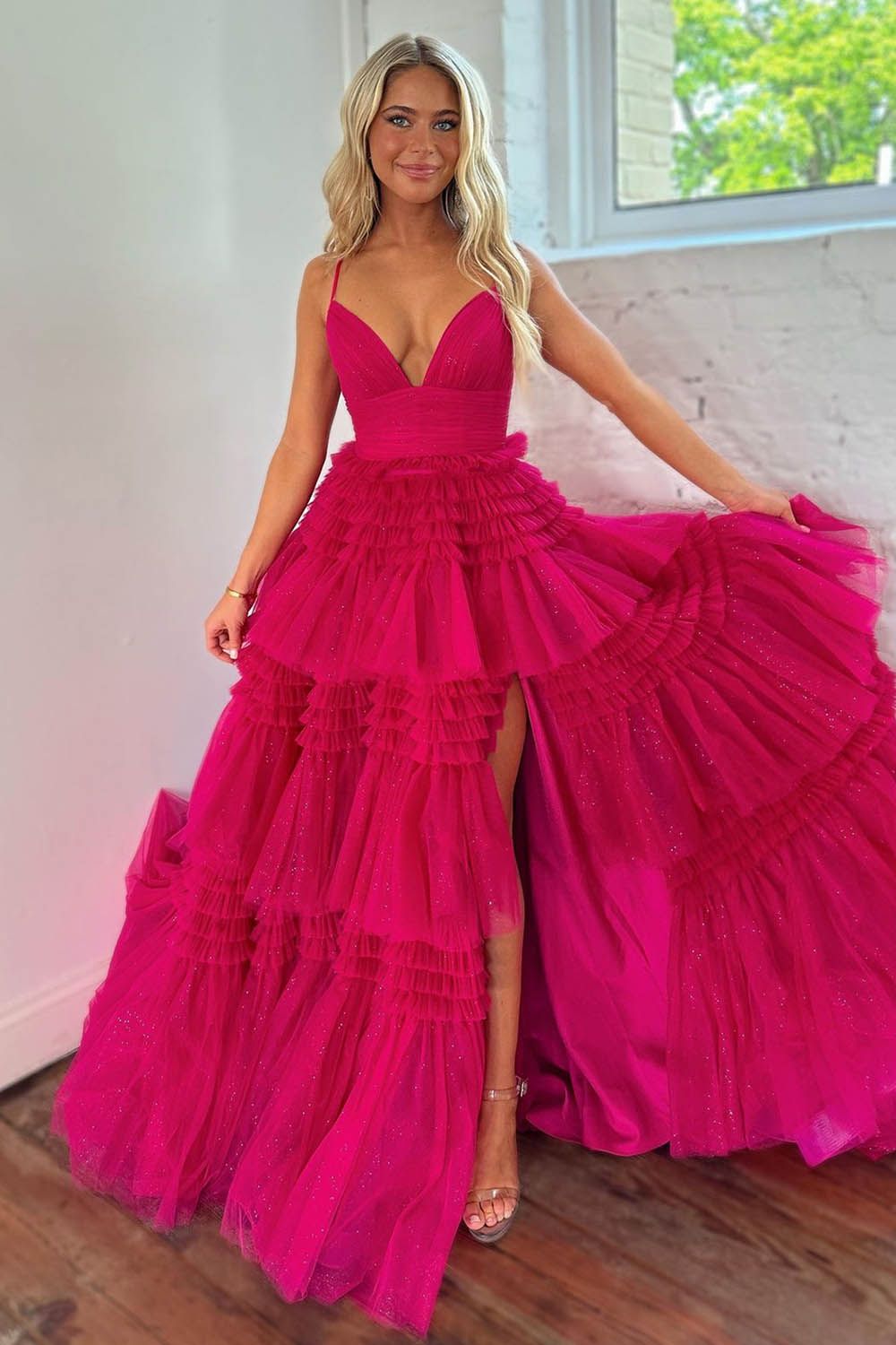 A-Line Spaghetti Straps Long Tiered Tulle Prom Dress With Split - View 4 | VelvetHem