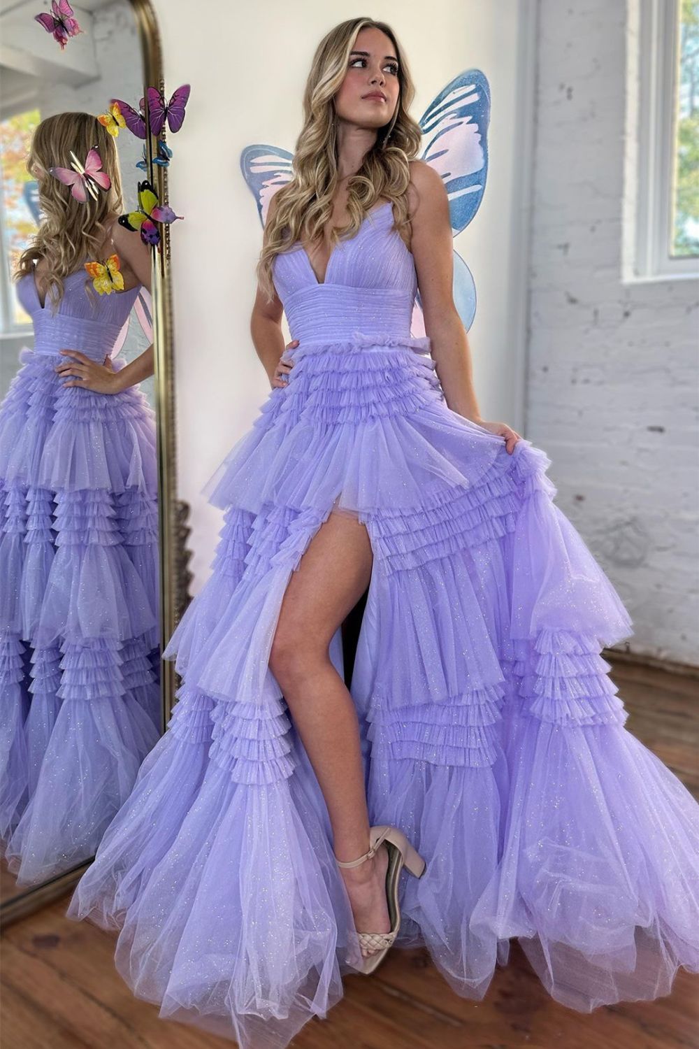 A-Line Spaghetti Straps Long Tiered Tulle Prom Dress With Split - View 5 | VelvetHem
