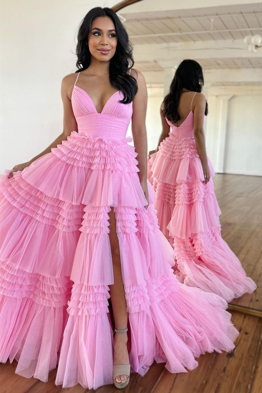 A-Line Spaghetti Straps Long Tiered Tulle Prom Dress With Split - View 3 | VelvetHem