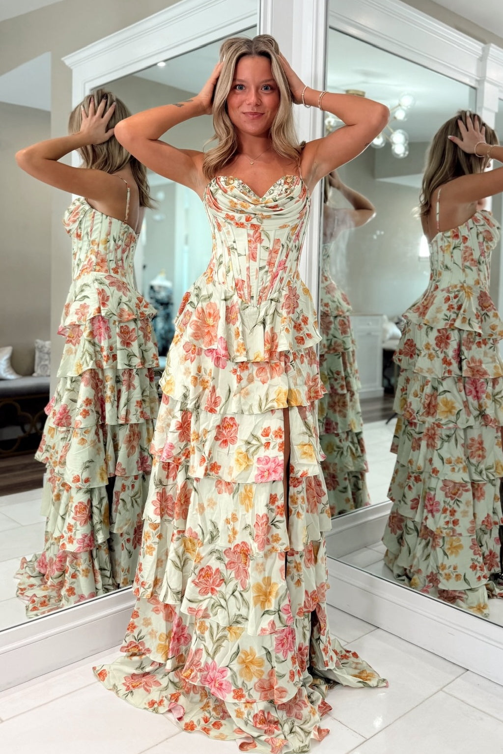 Pretty A Line Spaghetti Straps Light Green Floral Printed Corset Prom Dress with Ruffles