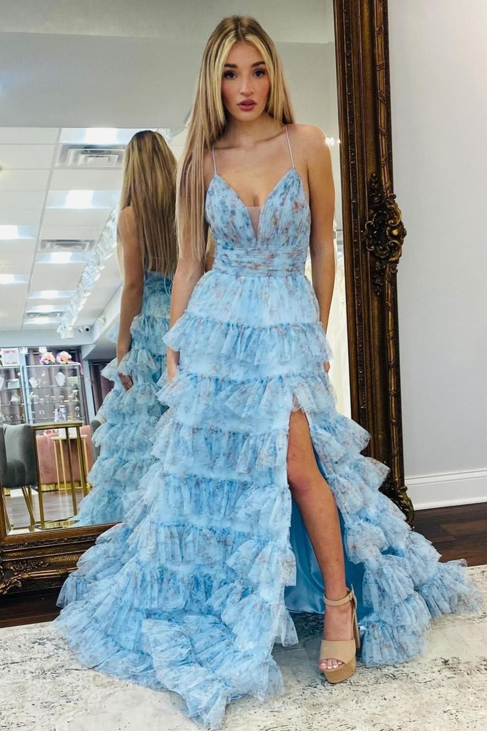 Pretty A Line Spaghetti Straps Long Print Tulle Prom Dress with Split - FashionDia