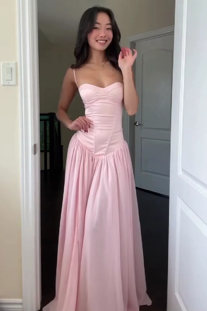 Cute A Line Spaghetti Straps Light Pink Long Prom Dress with Ruffles