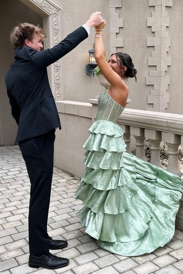 Pretty A Line Strapless Light Green Corset Prom Dress with Beading Ruffles