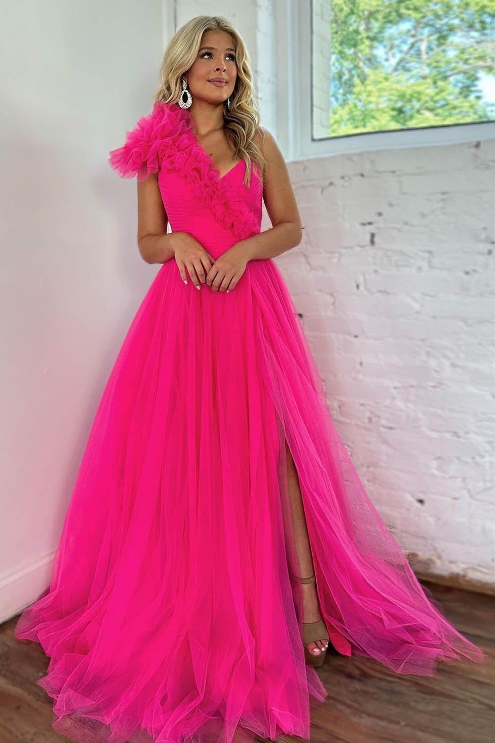 Hot Pink A-Line One-Shoulder Long Tulle Prom Dress With Split