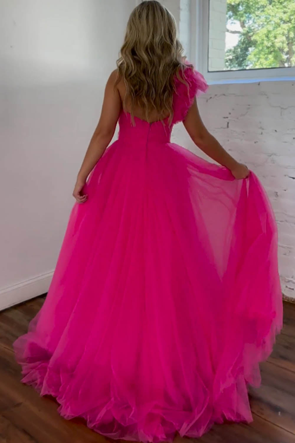 Hot Pink A-Line One-Shoulder Long Tulle Prom Dress With Split