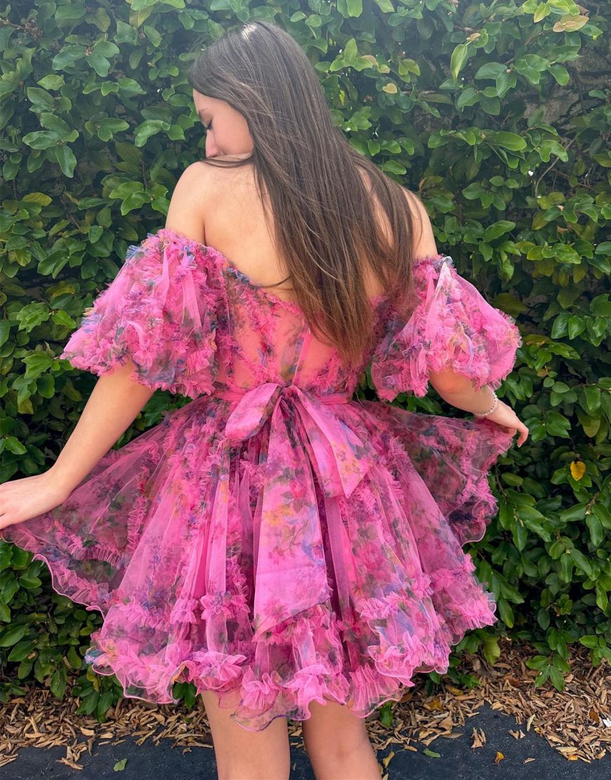 Pretty Fuchsia Puff Sleeves A-Line Short Party Dress