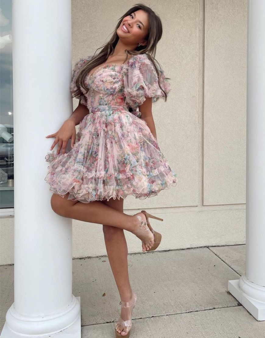 Pretty Fuchsia Puff Sleeves A-Line Short Party Dress