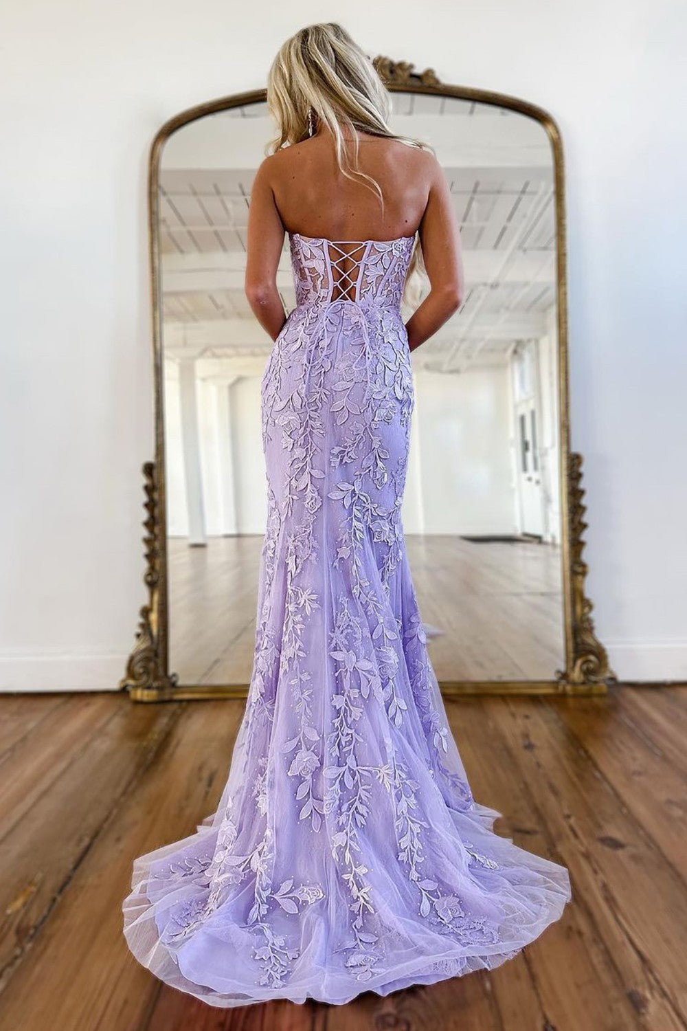 Pretty Lilac Mermaid Sweetheart Lace Up Long Tulle Prom Dress with Appliques - View 2 | FashionDia