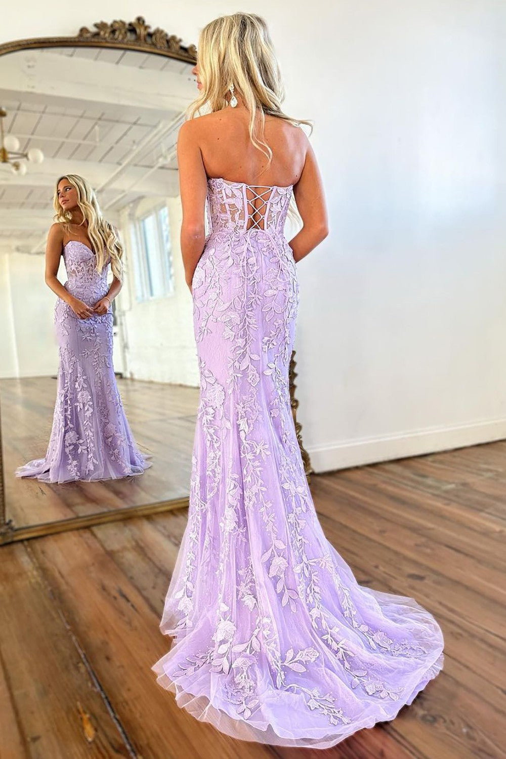 Pretty Lilac Mermaid Sweetheart Lace Up Long Tulle Prom Dress with Appliques - View 5 | FashionDia
