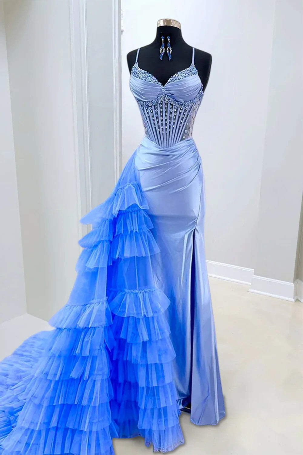 Gorgeous Mermaid Spaghetti Straps Blue Corset Prom Dress with Beading