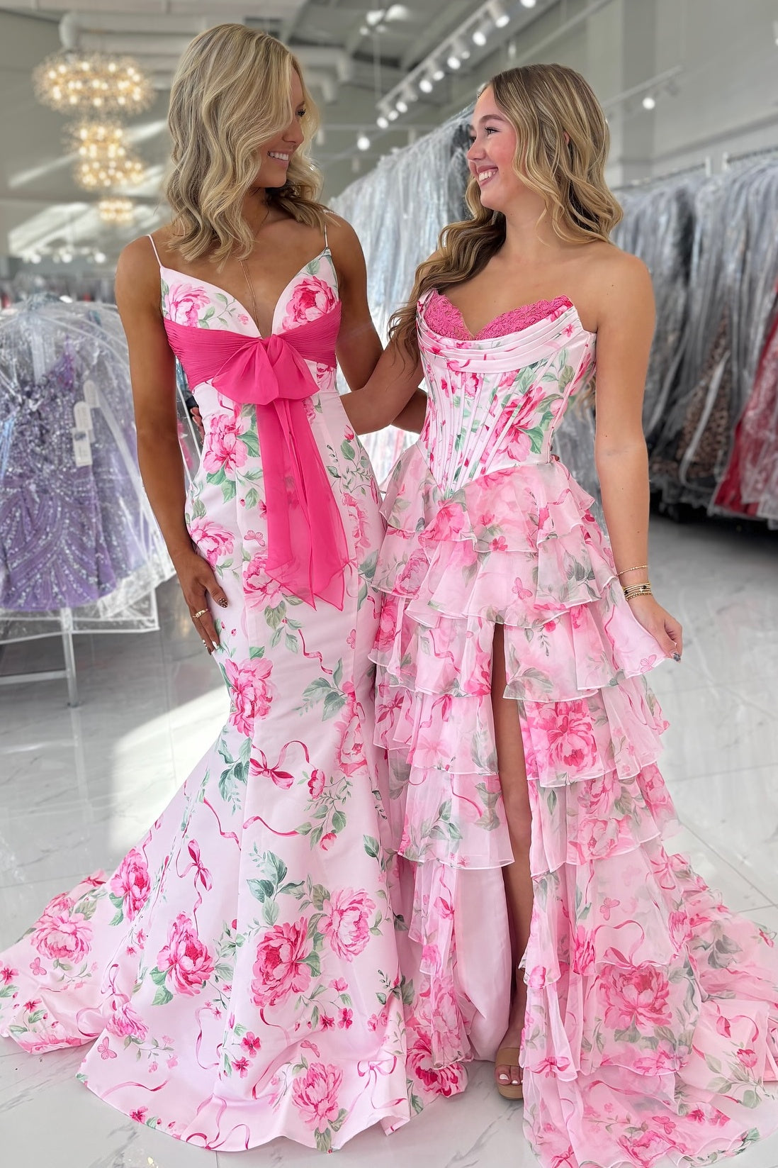 Sweety Mermaid Spaghetti Straps Pink Floral Printed Long Prom Dress with Bowknot