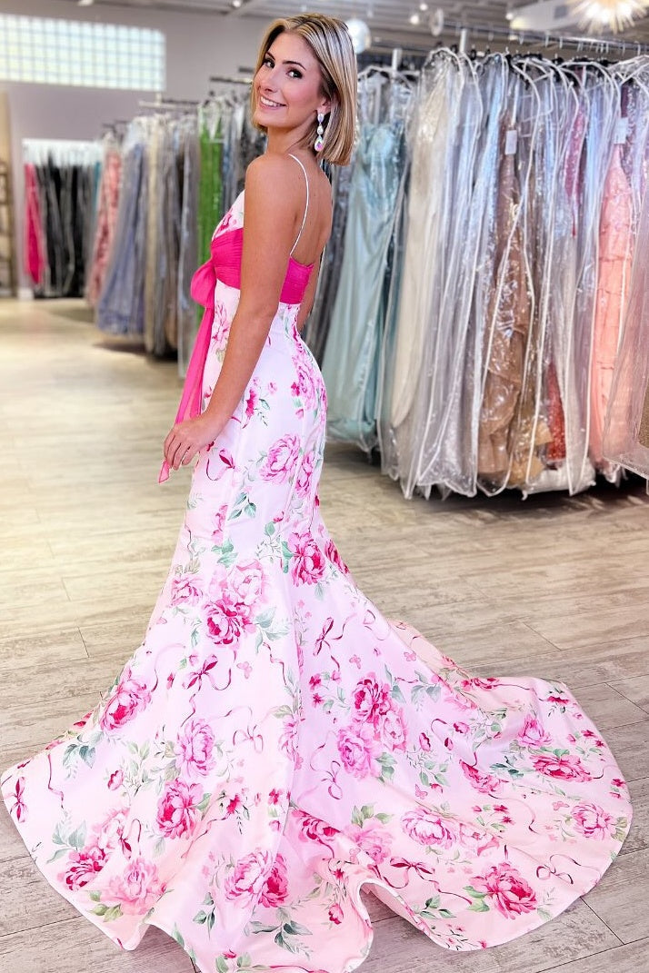 Sweety Mermaid Spaghetti Straps Pink Floral Printed Long Prom Dress with Bowknot - View 4 | FashionDia