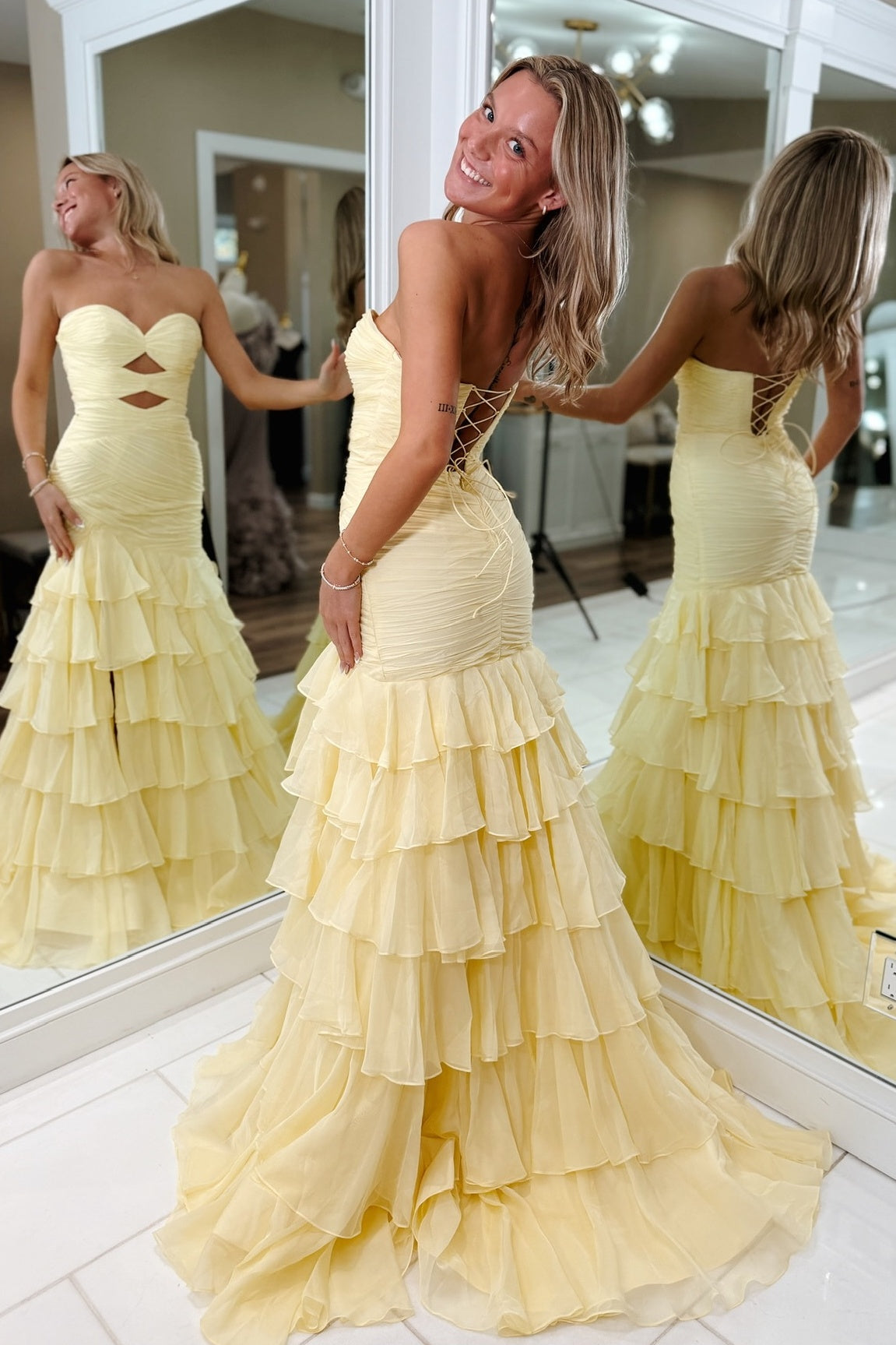 Pretty Mermaid Sweetheart Yellow Long Prom Dress with Ruffles
