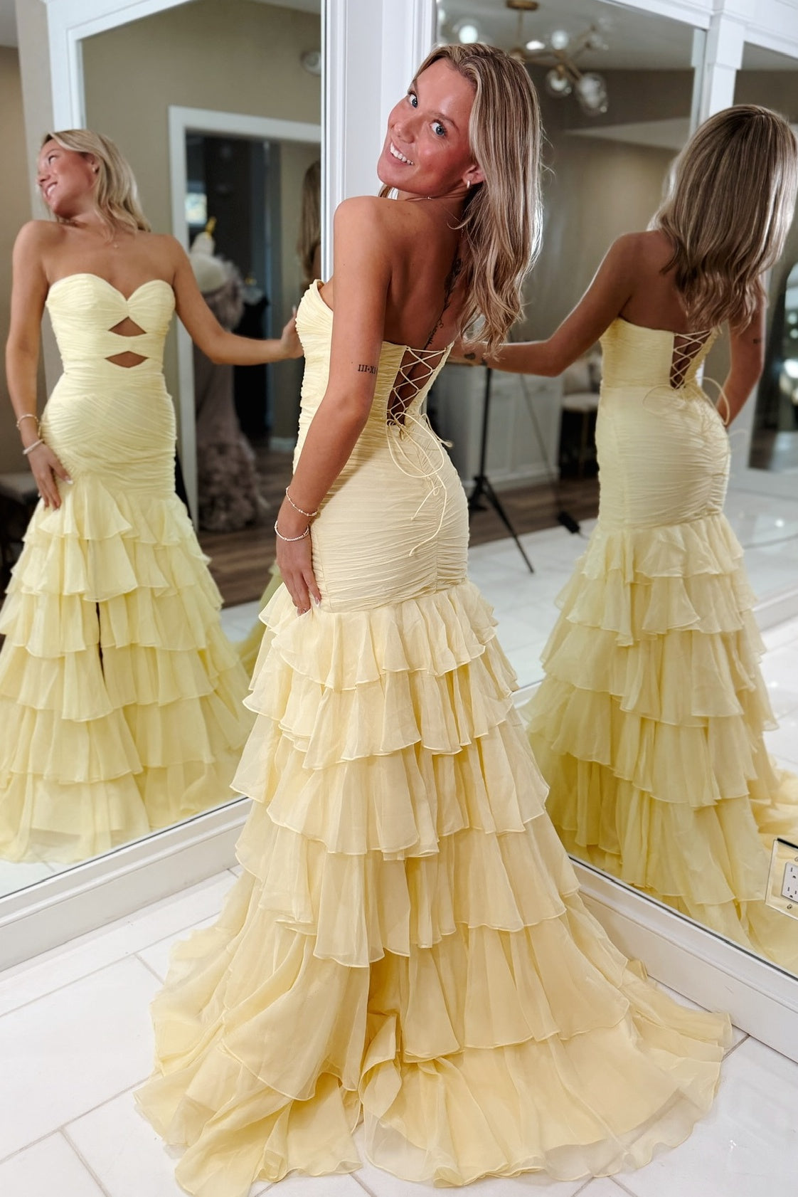 Pretty Mermaid Sweetheart Yellow Long Prom Dress with Ruffles