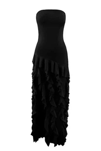 Pretty Sheath Strapless Pink Long Party Dress with Ruffles Split Front