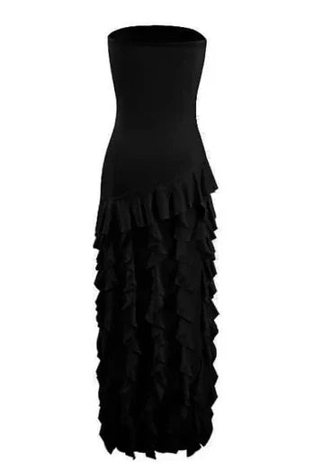 Pretty Sheath Strapless Pink Long Party Dress with Ruffles Split Front