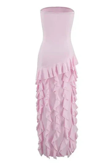 Pretty Sheath Strapless Pink Long Party Dress with Ruffles Split Front