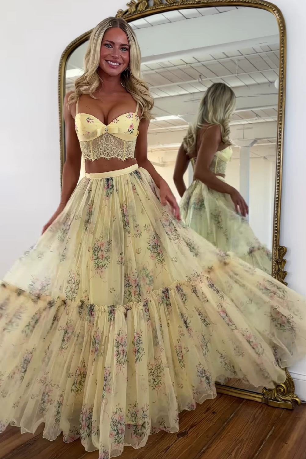 Pretty Two Piece Spaghetti Straps Yellow Long Prom Dress with Lace Ruffles