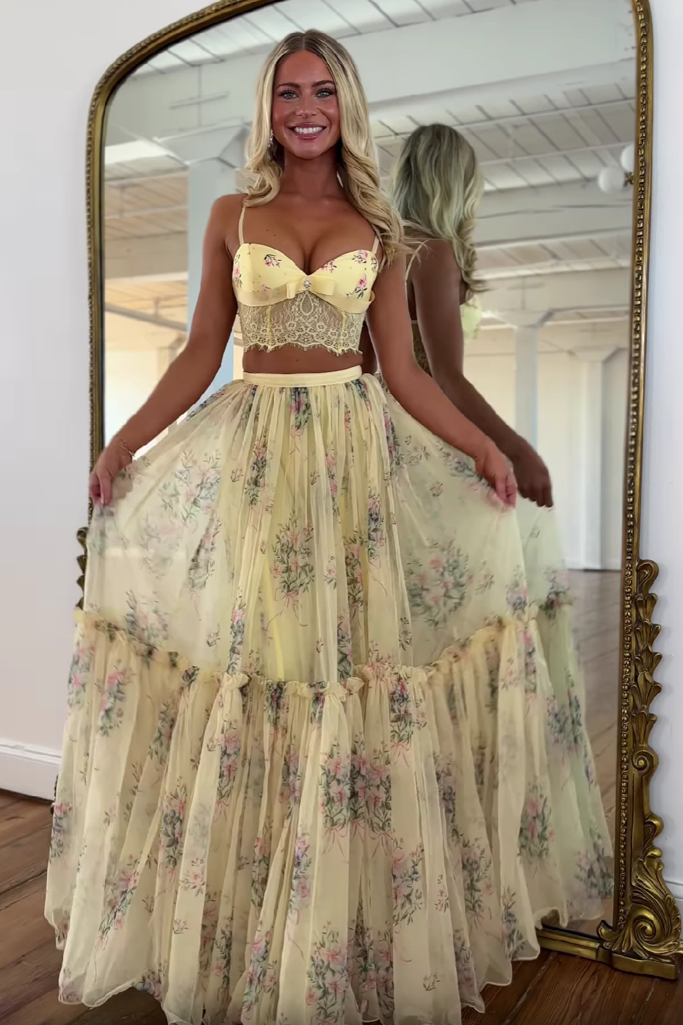 Pretty Two Piece Spaghetti Straps Yellow Long Prom Dress with Lace Ruffles