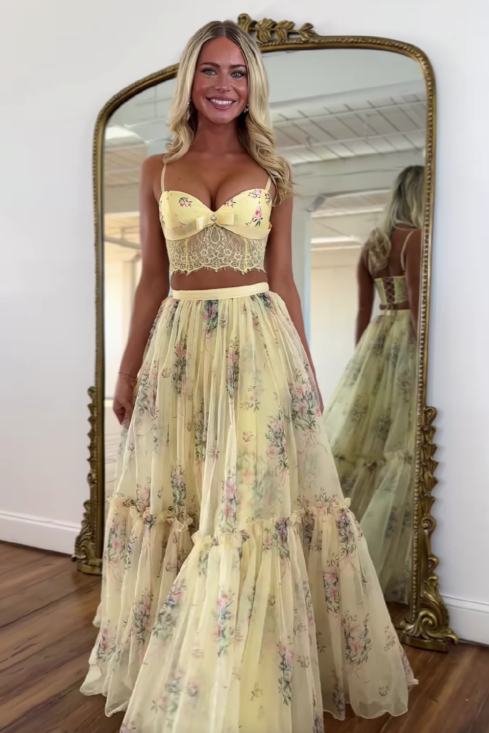 Pretty Two Piece Spaghetti Straps Yellow Long Prom Dress with Lace Ruffles