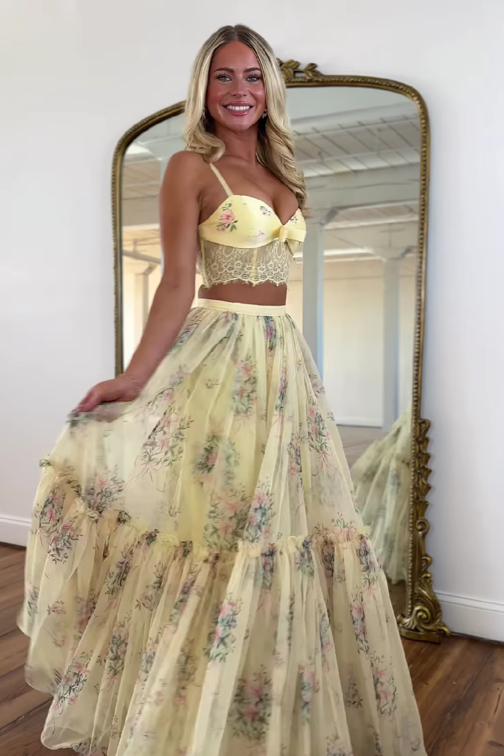 Pretty Two Piece Spaghetti Straps Yellow Long Prom Dress with Lace Ruffles