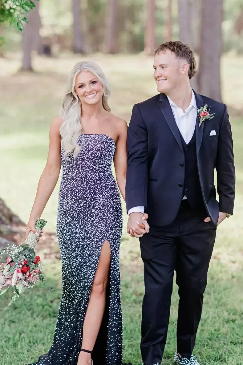 Stunning Mermaid Strapless Black Long Prom Dress with Pearls