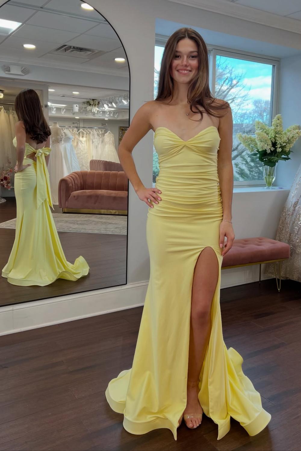 Pretty Mermaid Sweetheart Yellow Long Prom Dress with Bowknot Back