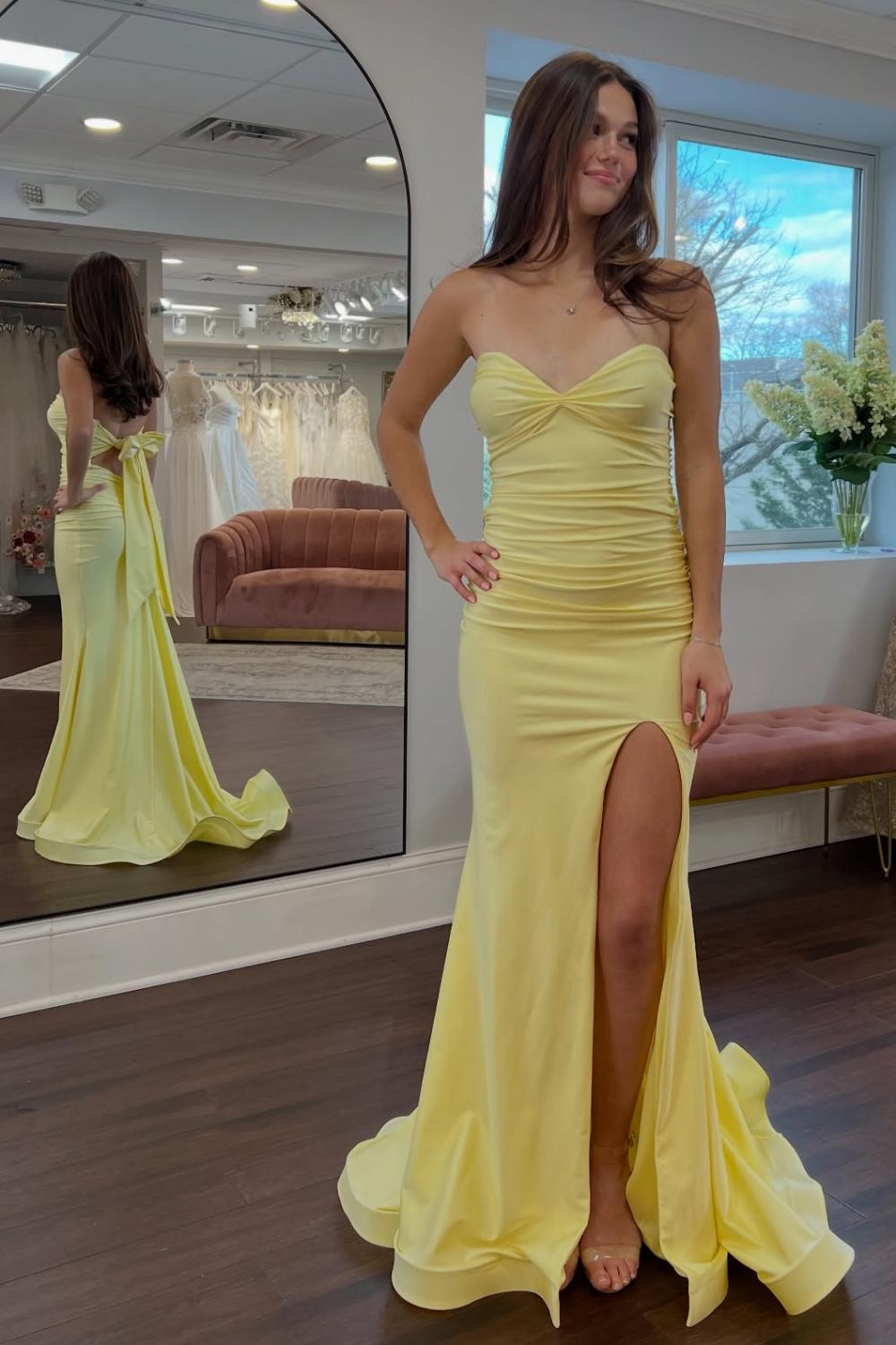 Pretty Mermaid Sweetheart Yellow Long Prom Dress with Bowknot Back