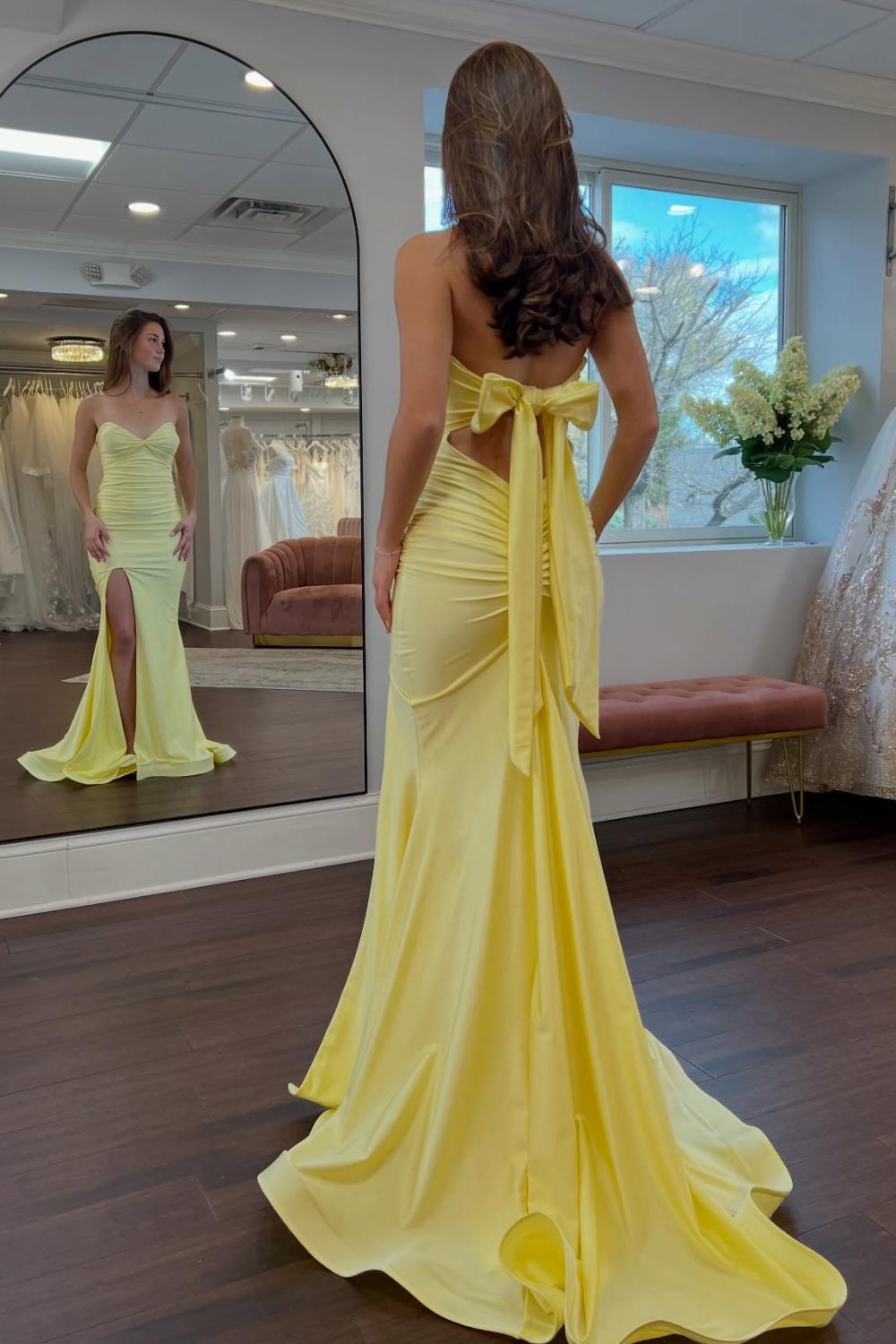 Pretty Mermaid Sweetheart Yellow Long Prom Dress with Bowknot Back