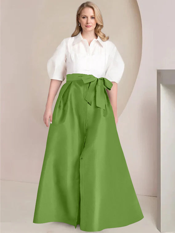 A Line Shirt Collar Long Plus Size Mother of the Bride 2 Piece Dress with Bowknot