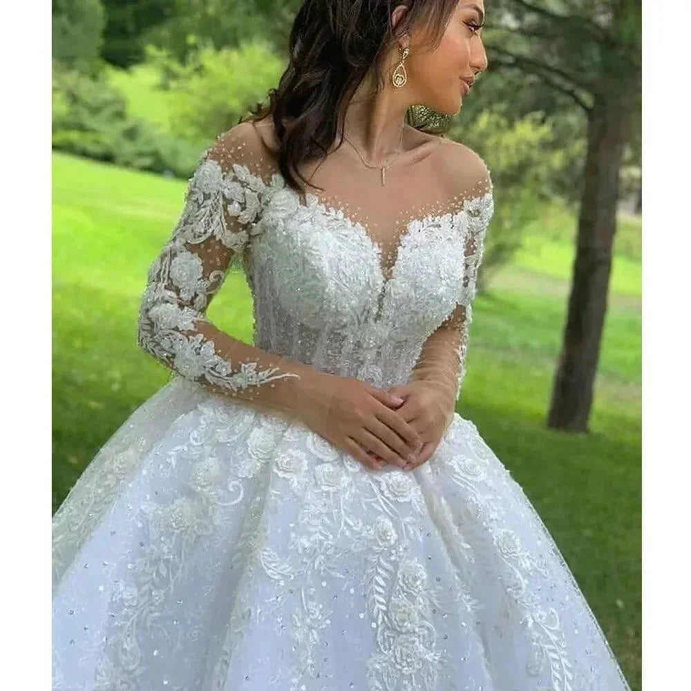 Princess Ball Gown Wedding Dresses 2023 O Neck Long Sleeves Vestido Casamento Lace Up Appliqus Beaded Bride Gowns Suknie Slubne (ZD14118) - View 2 | VelvetHem