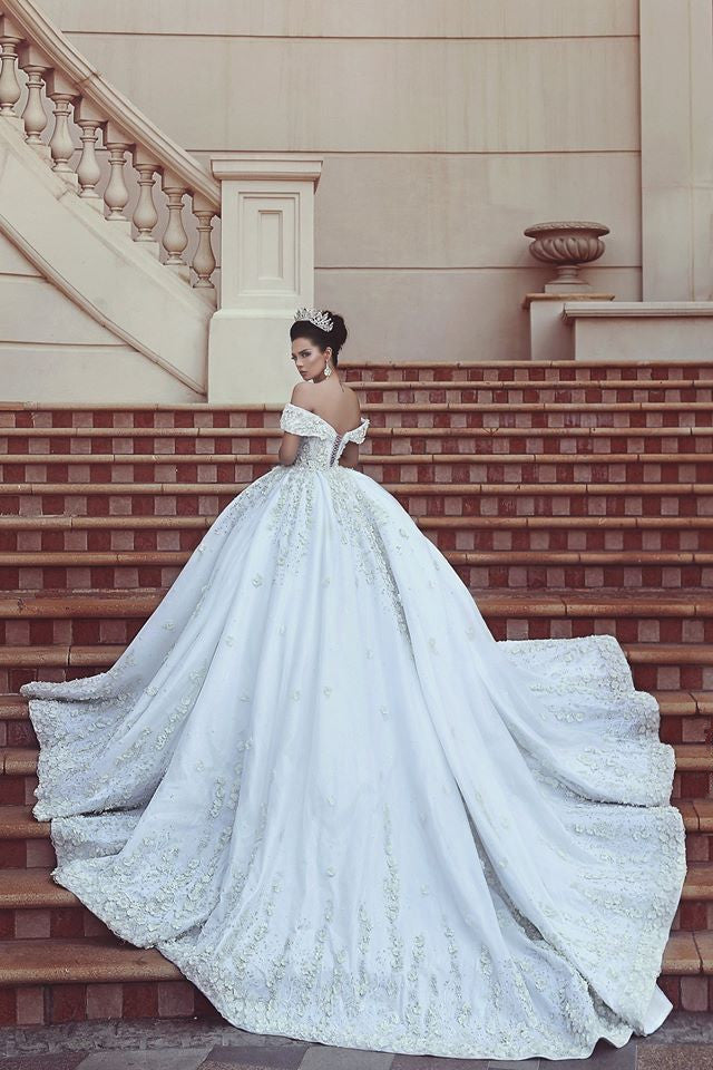 Princess Lace Appliques Wedding Dress with Beads| Off The Shoulder Ball Gown Bride Dress with Long Train