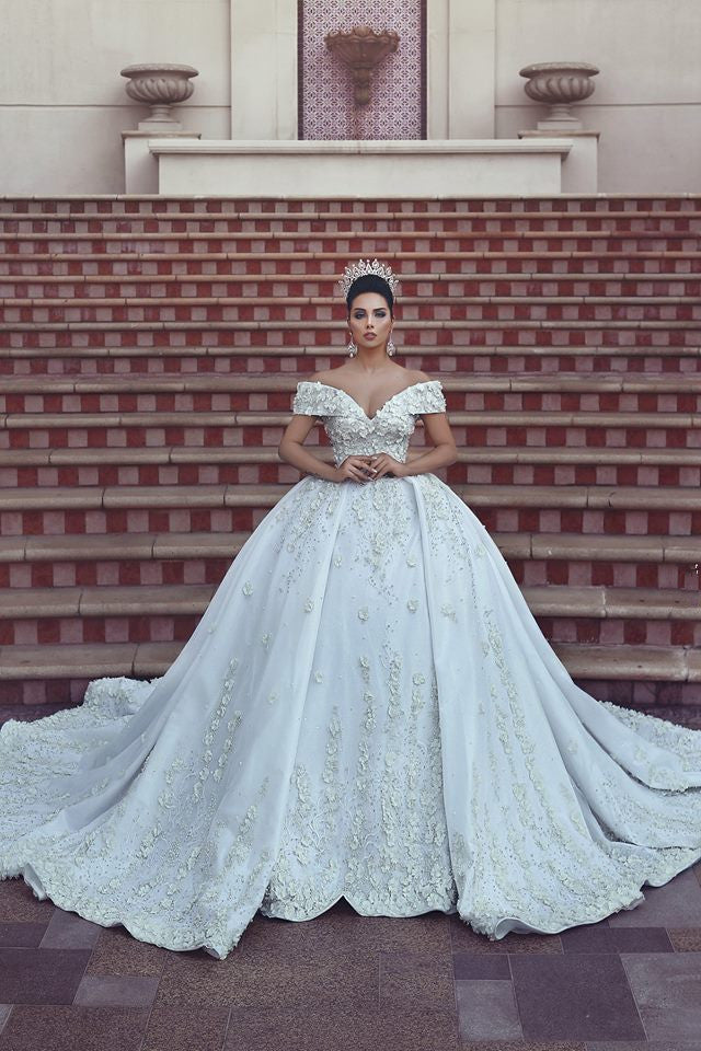 Princess Lace Appliques Wedding Dress with Beads| Off The Shoulder Ball Gown Bride Dress with Long Train
