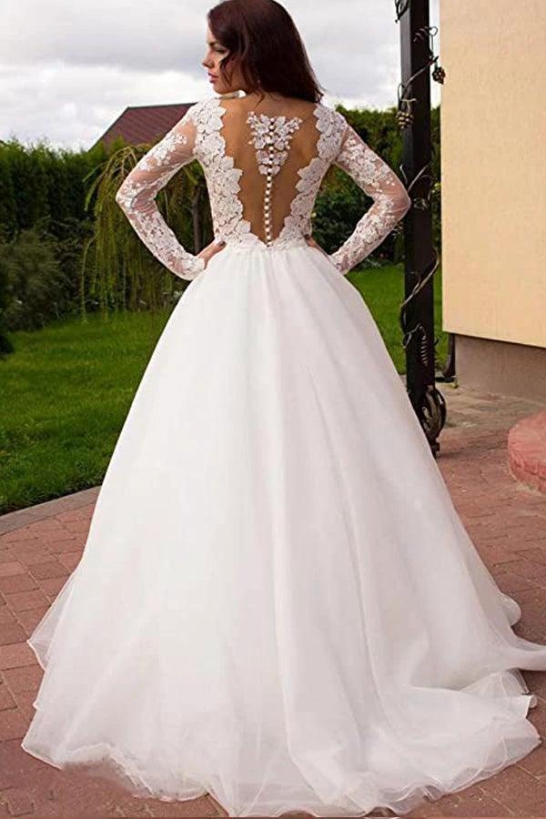 Princess A-Line V-Neck Tulle Ivory Long Sleeves Wedding Dresses (ZD16051)