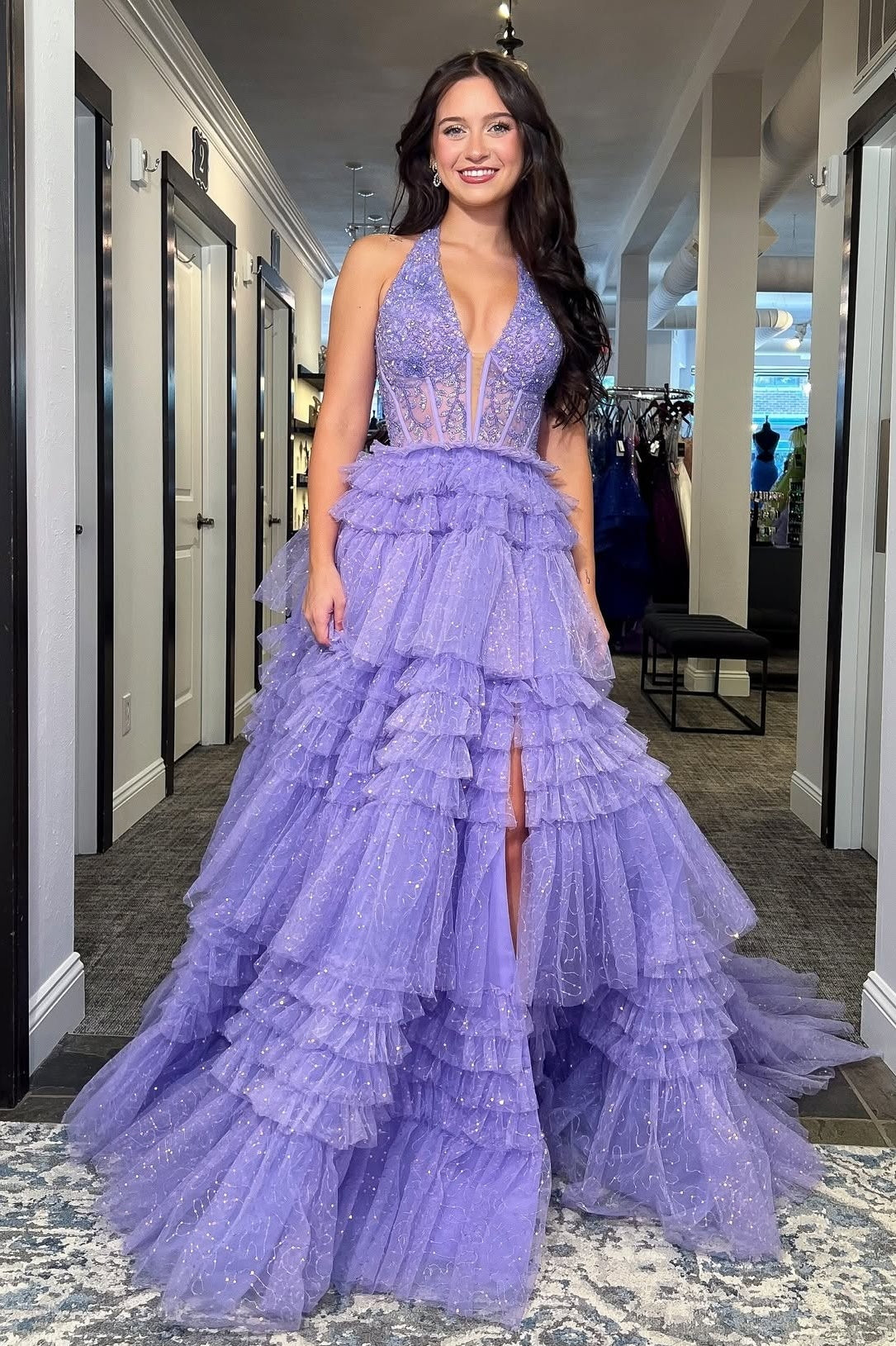 Princess A Line Halter Neck Lilac Corset Prom Dress with Ruffles