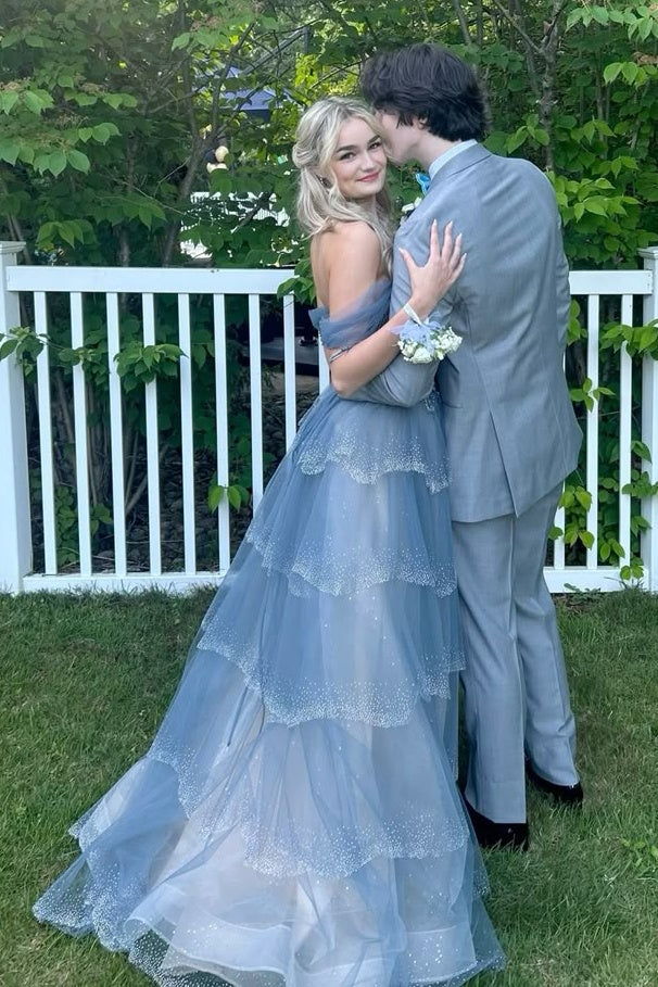 Princess A Line Off the Shoulder Grey Blue Long Prom Dress with Beading