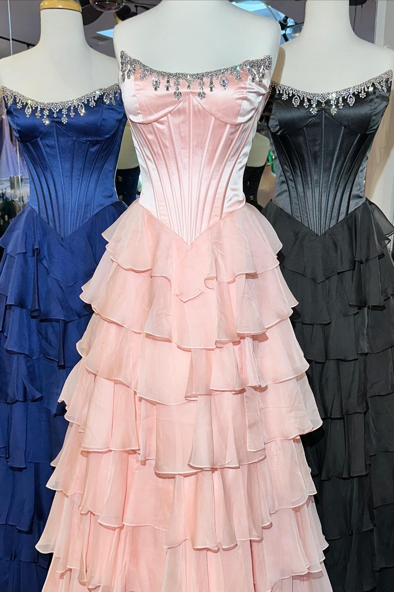 Princess A Line Strapless Hot Pink Corset Prom Dress with Beading Ruffles