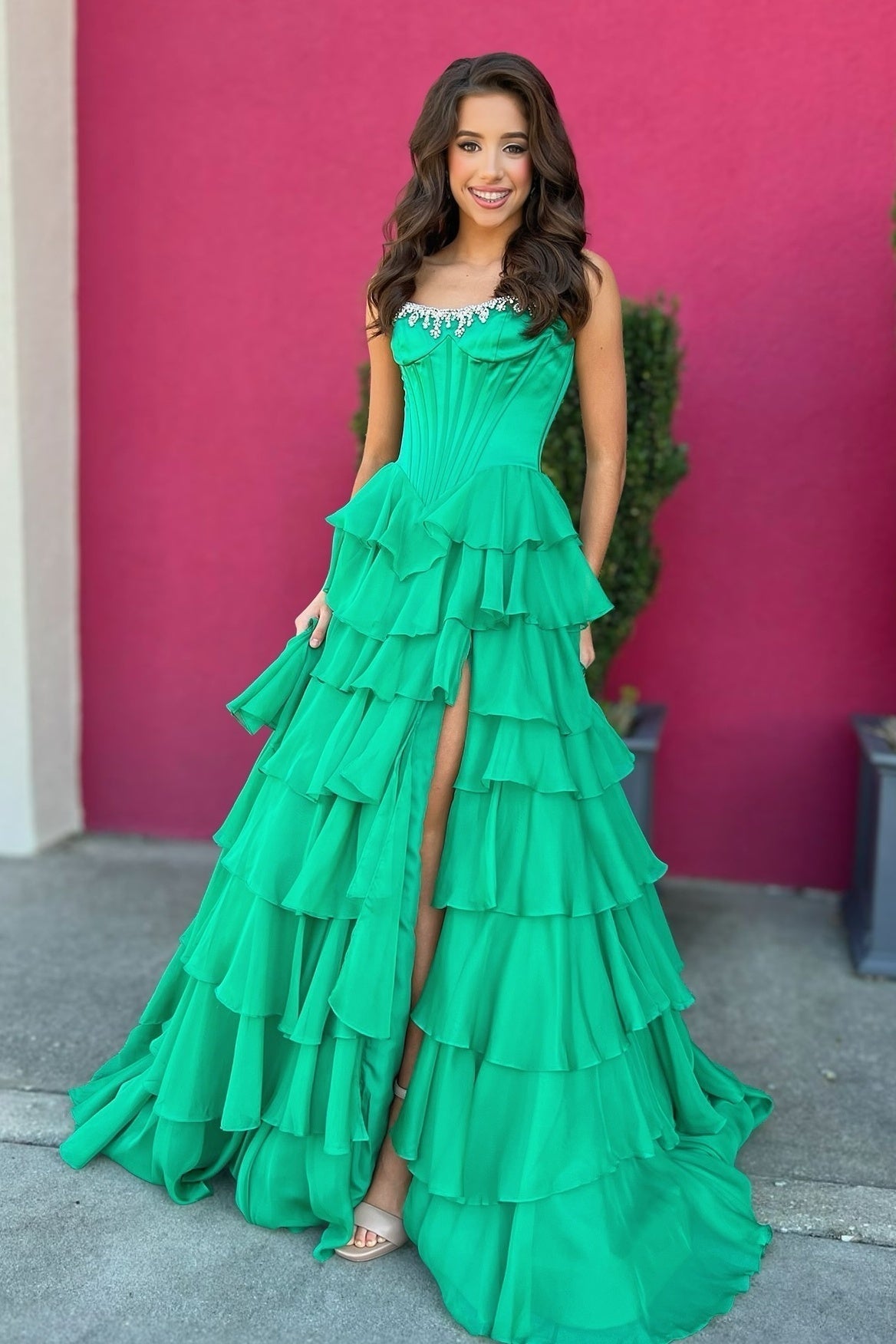 Princess A Line Strapless Hot Pink Corset Prom Dress with Beading Ruffles