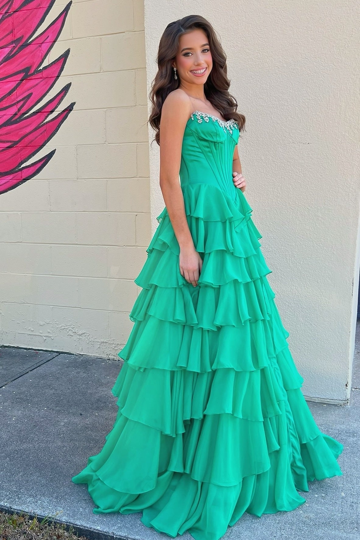 Princess A Line Strapless Hot Pink Corset Prom Dress with Beading Ruffles