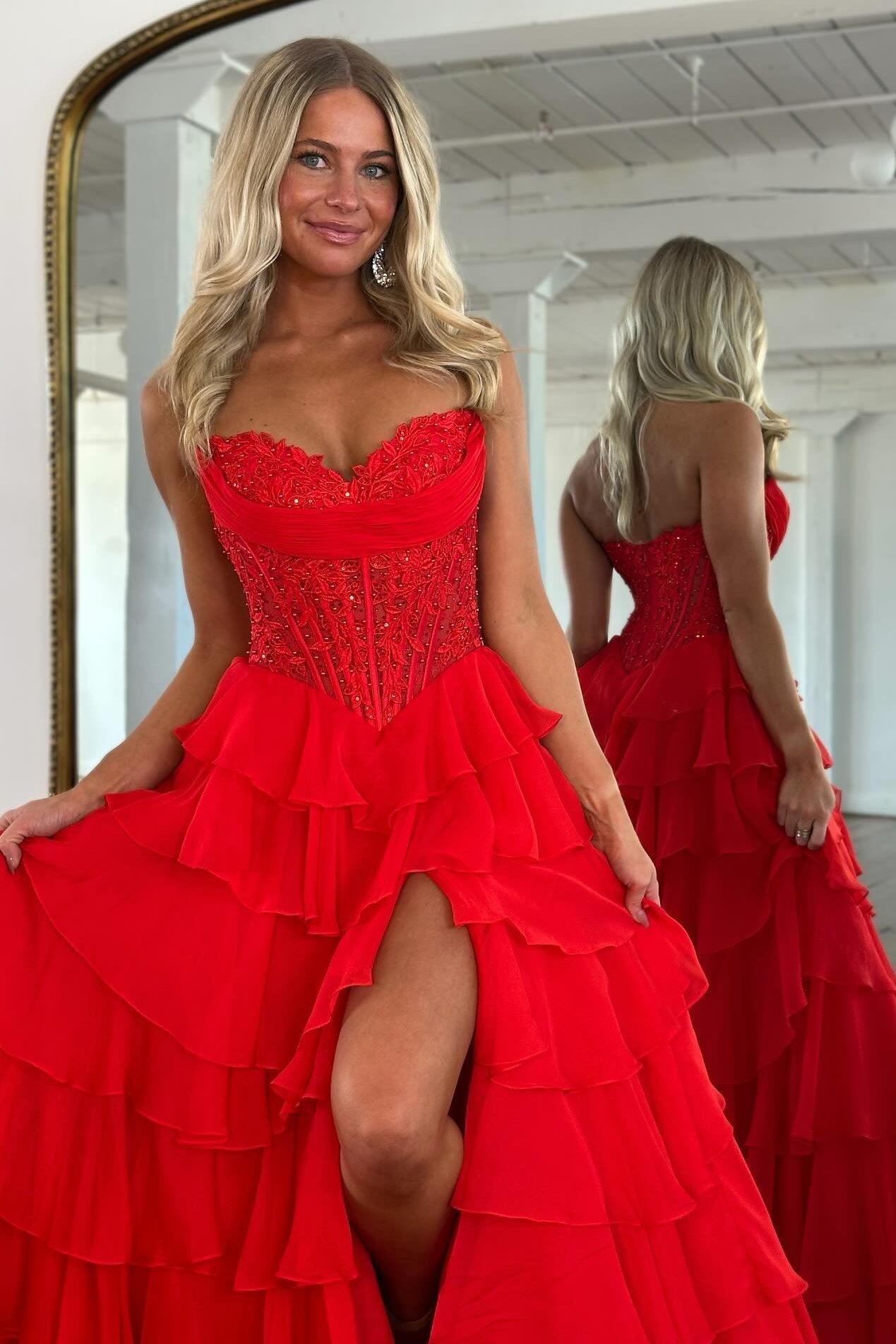 Princess A Line Sweetheart Pink Corset Prom Dress with Appliques Ruffles