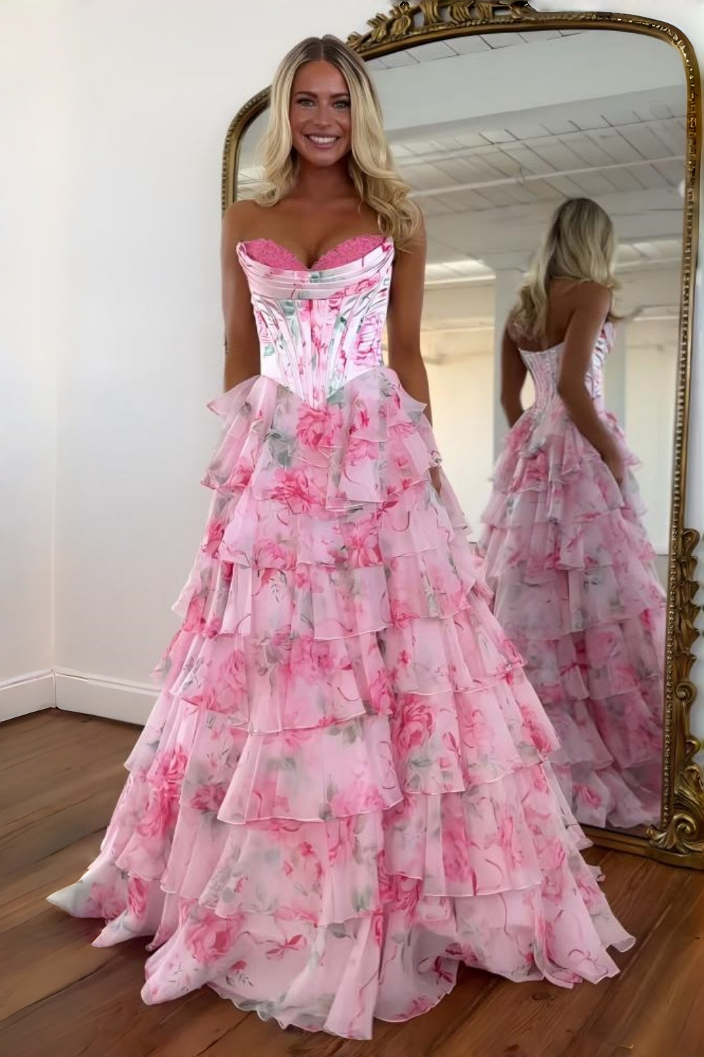 Princess A Line Sweetheart Pink Corset Prom Dress with Ruffles