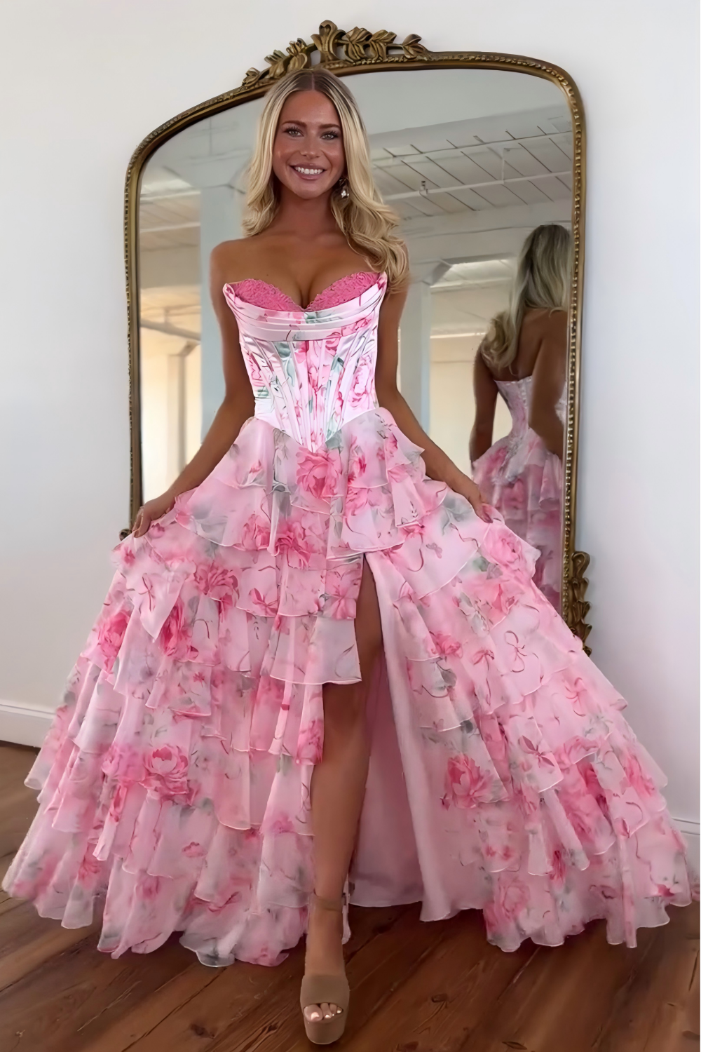 Princess A Line Sweetheart Pink Corset Prom Dress with Ruffles