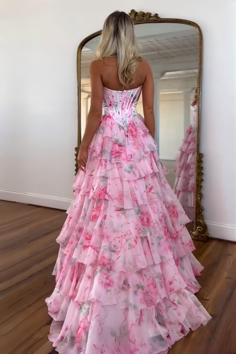 Princess A Line Sweetheart Pink Corset Prom Dress with Ruffles