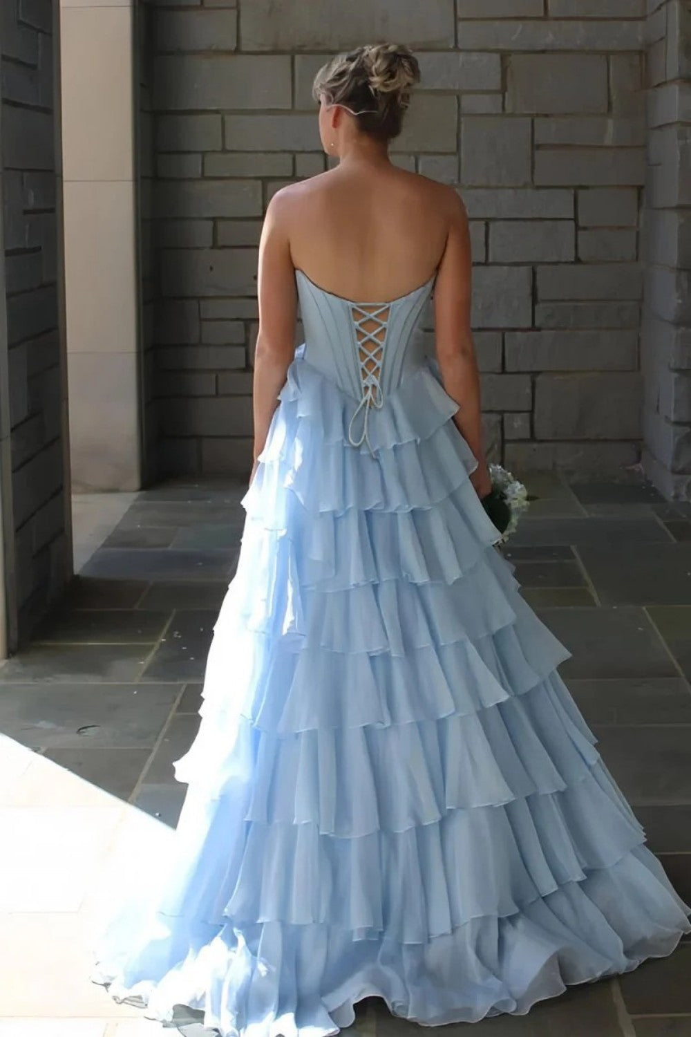 Princess A Line Sweetheart Light Blue Corset Prom Dress with Appliques Ruffles - View 4 | FashionDia