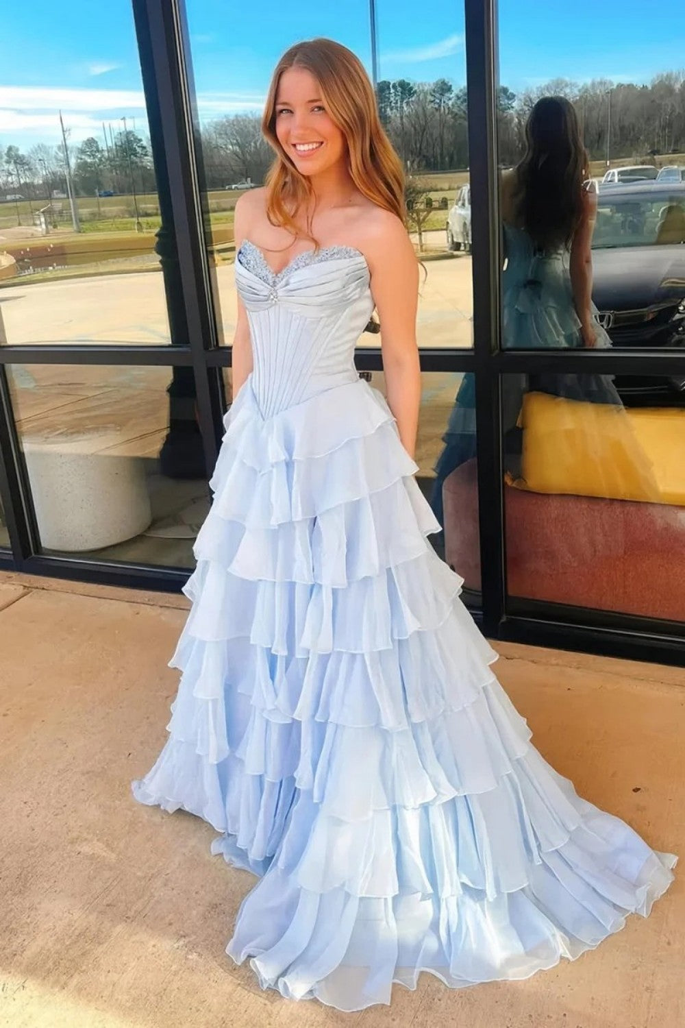 Princess A Line Sweetheart Light Blue Corset Prom Dress with Appliques Ruffles - FashionDia