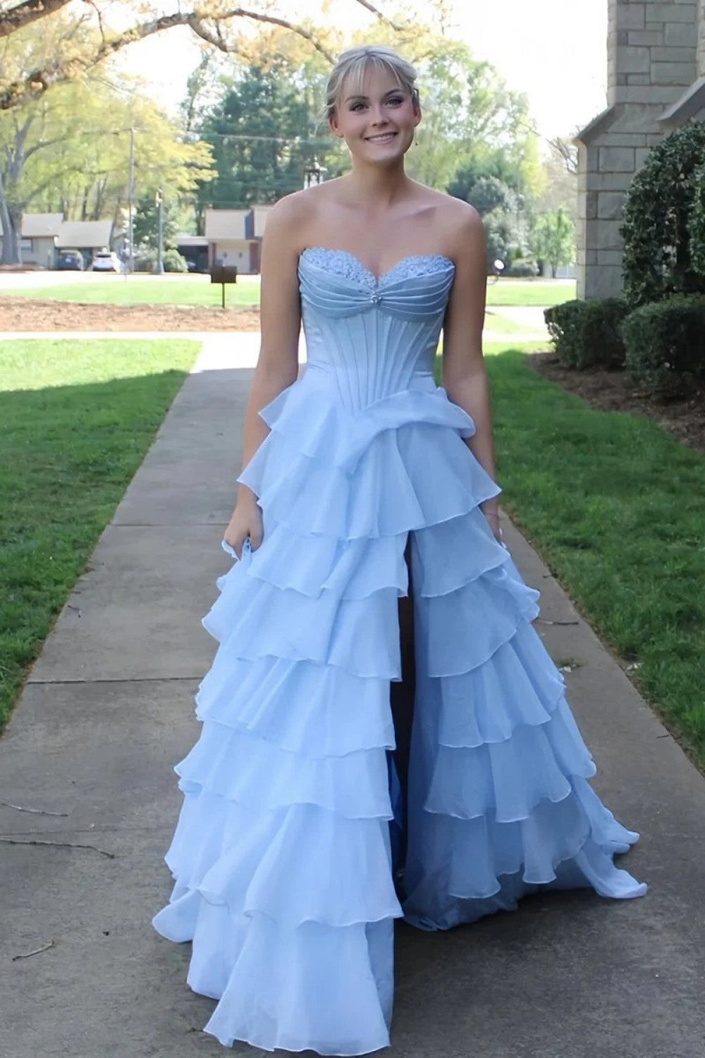 Princess A Line Sweetheart Light Blue Corset Prom Dress with Appliques Ruffles - View 3 | FashionDia