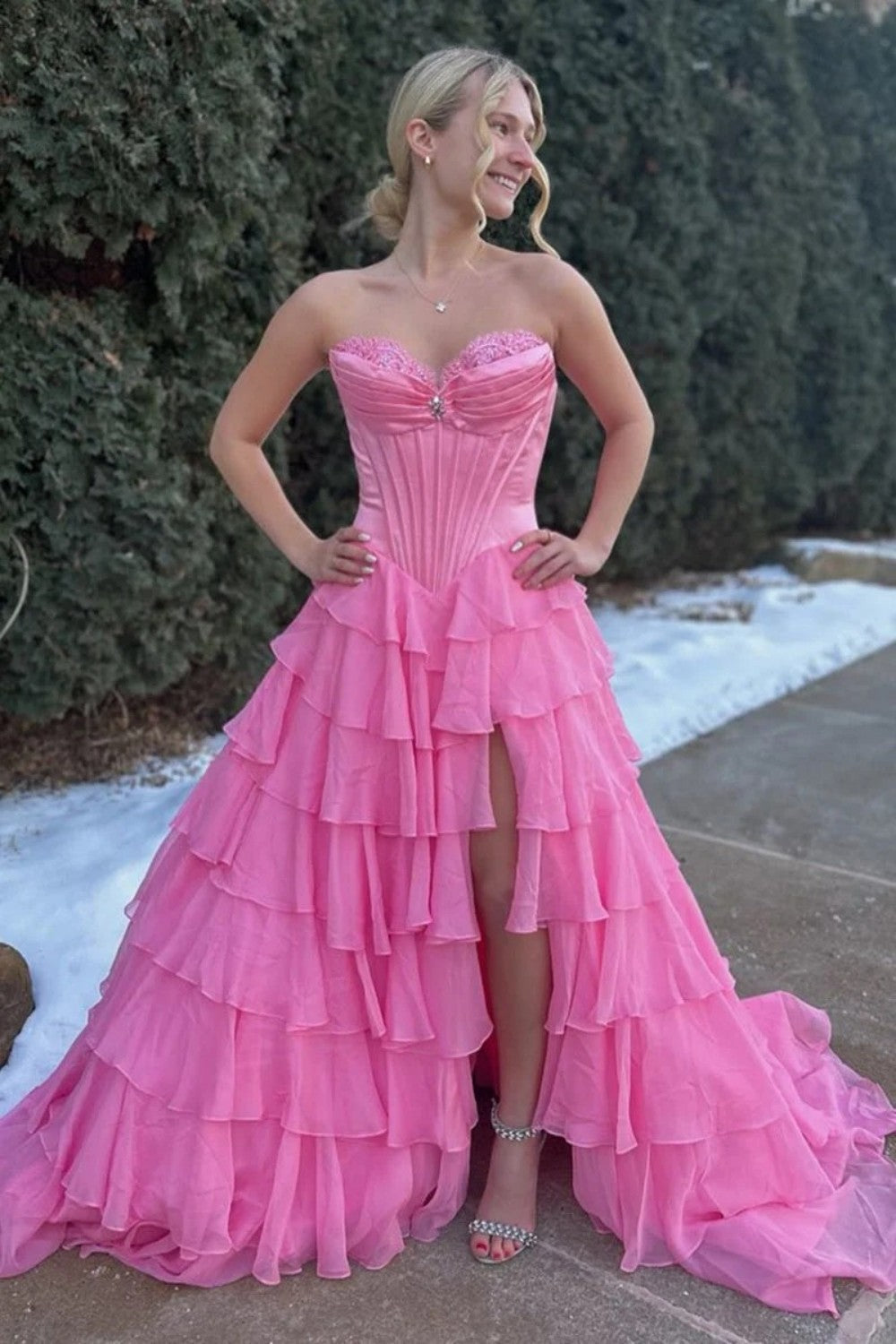 Princess A Line Sweetheart Light Blue Corset Prom Dress with Appliques Ruffles - View 8 | FashionDia